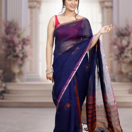 Pure Bengal Handwoven Linen Saree – Dark Bluewith Pink & Orange Stripes