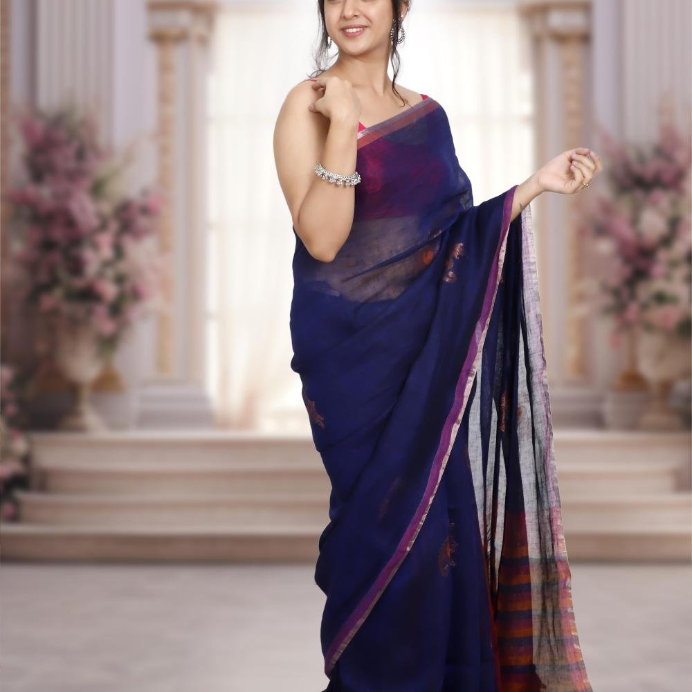 Pure Bengal Handwoven Linen Saree – Dark Bluewith Pink & Orange Stripes