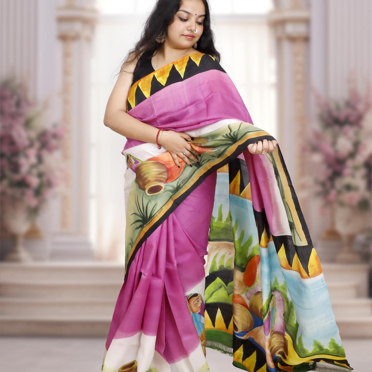 Pure Murshidabad Silk Handloom Saree with Hand-Painted Design – Pink Base