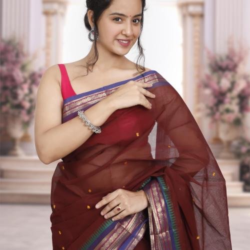 Pure Kanchi Cotton Saree – Burgundy Base &Golden Zari Border