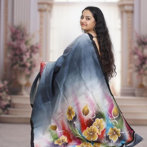 Pure Murshidabad Silk Handloom Saree with Hand-Painted Design – Grey Base