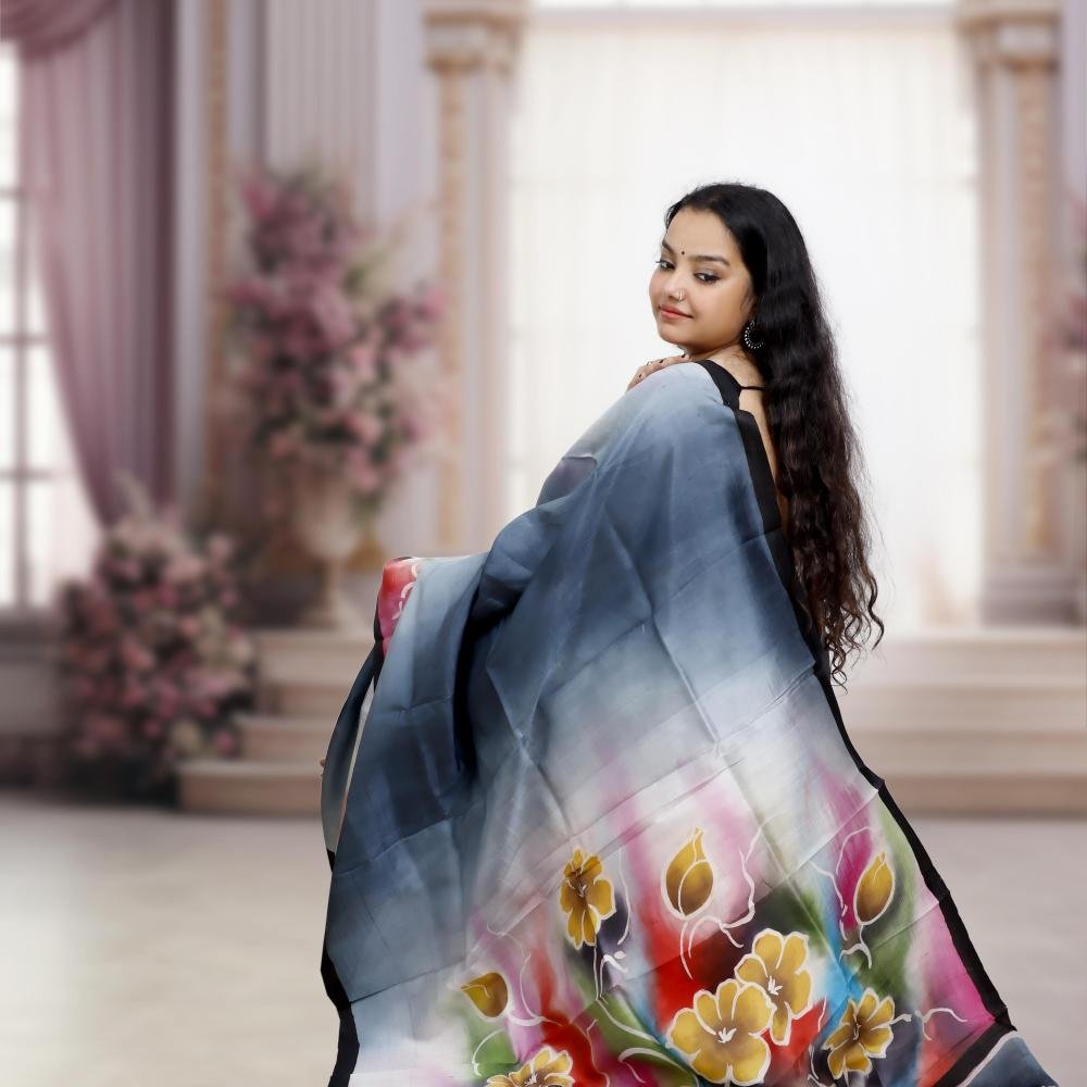 Pure Murshidabad Silk Handloom Saree with Hand-Painted Design – Grey Base
