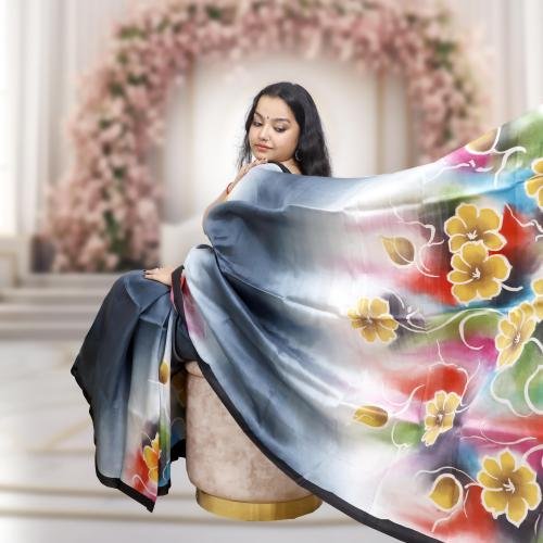 Pure Murshidabad Silk Handloom Saree with Hand-Painted Design – Grey Base
