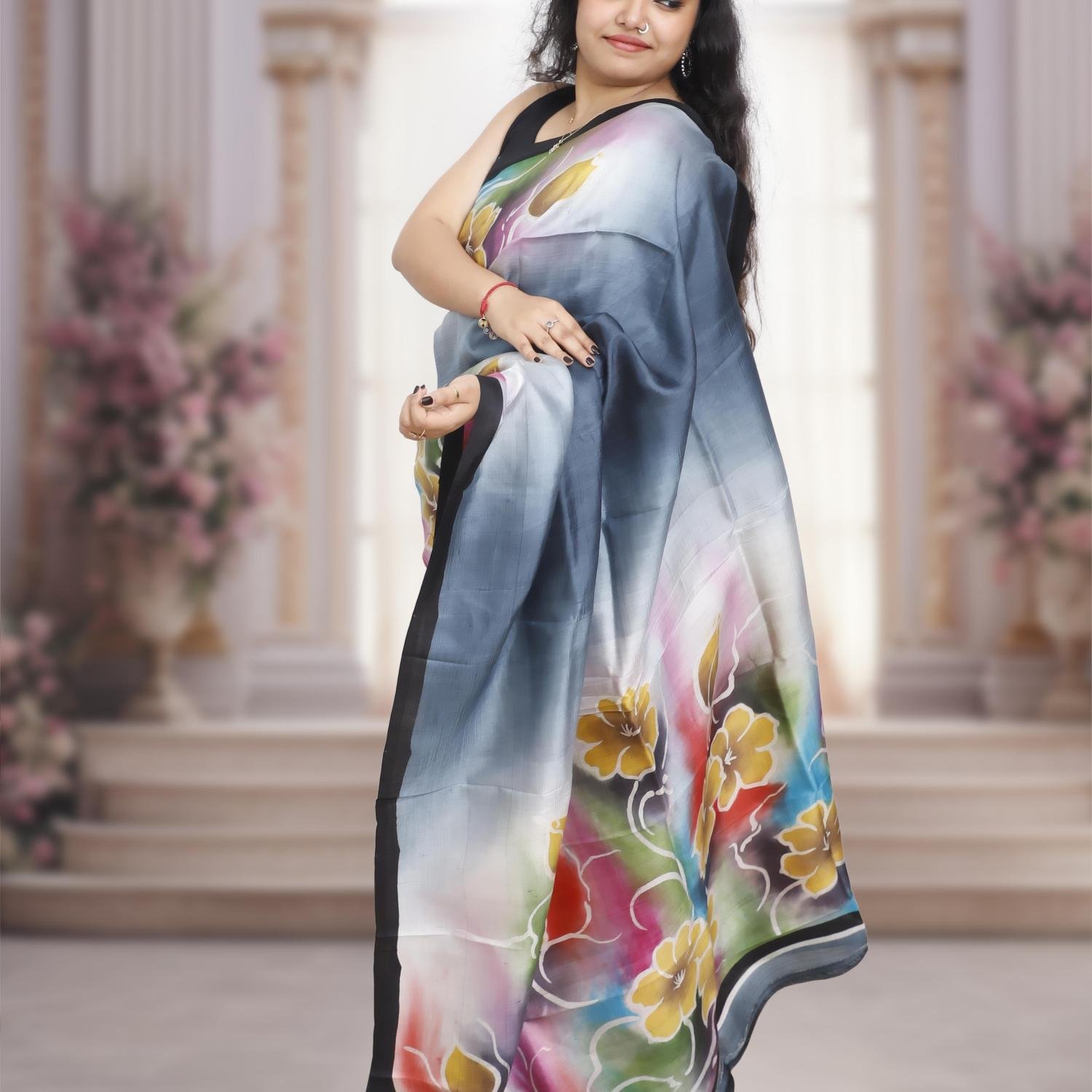 Pure Murshidabad Silk Handloom Saree with Hand-Painted Design – Grey Base