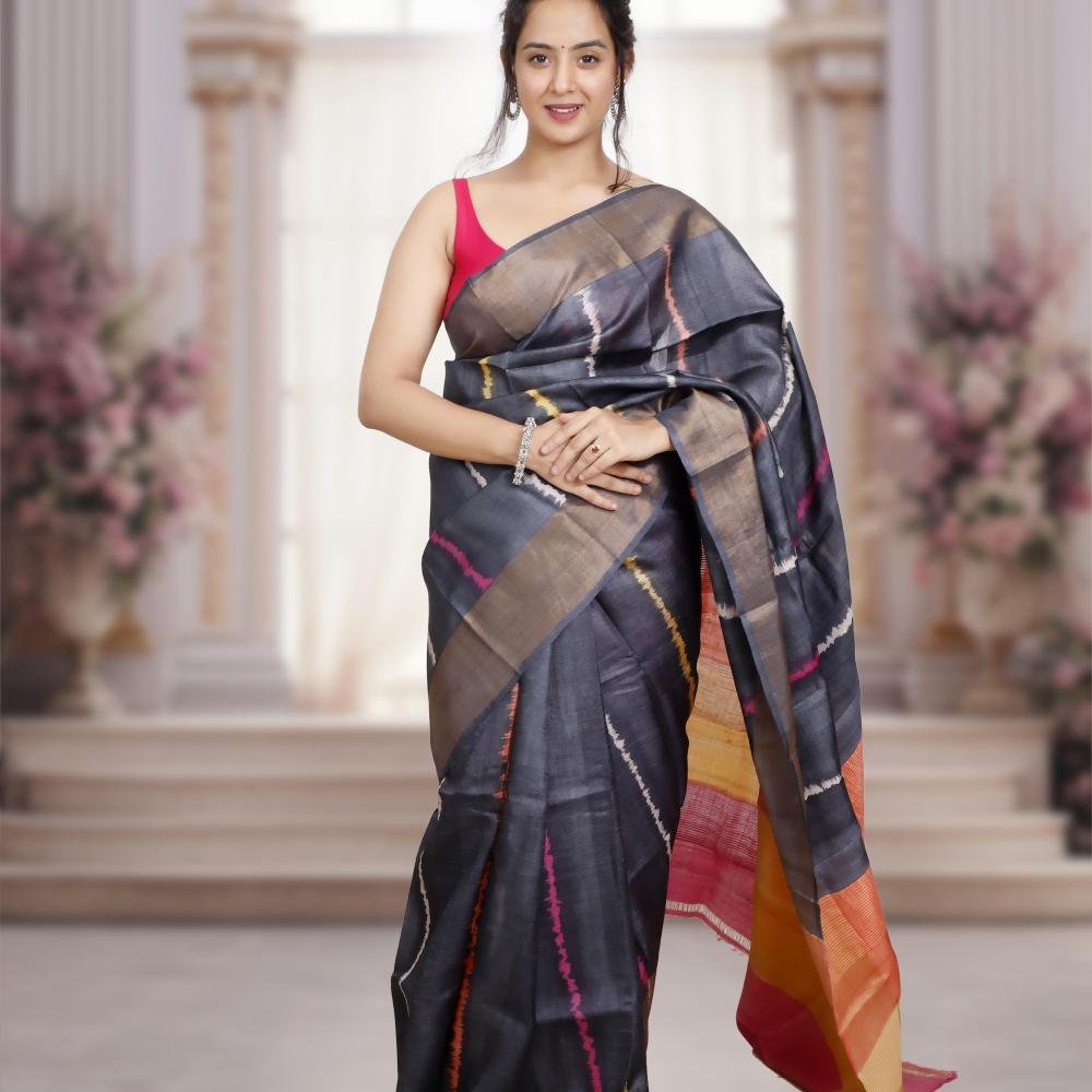 Bishnupuri Gachi Tusser Silk Saree with Shrivori Design– Grey Base