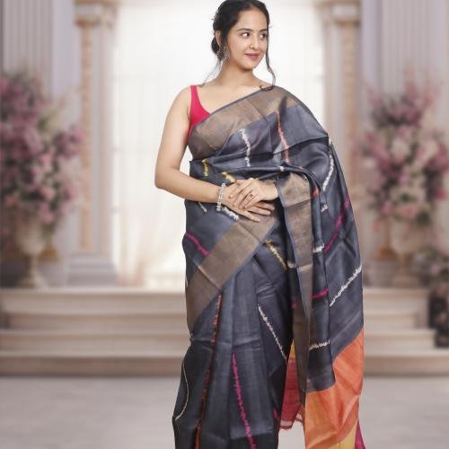 Bishnupuri Gachi Tusser Silk Saree with Shrivori Design– Grey Base