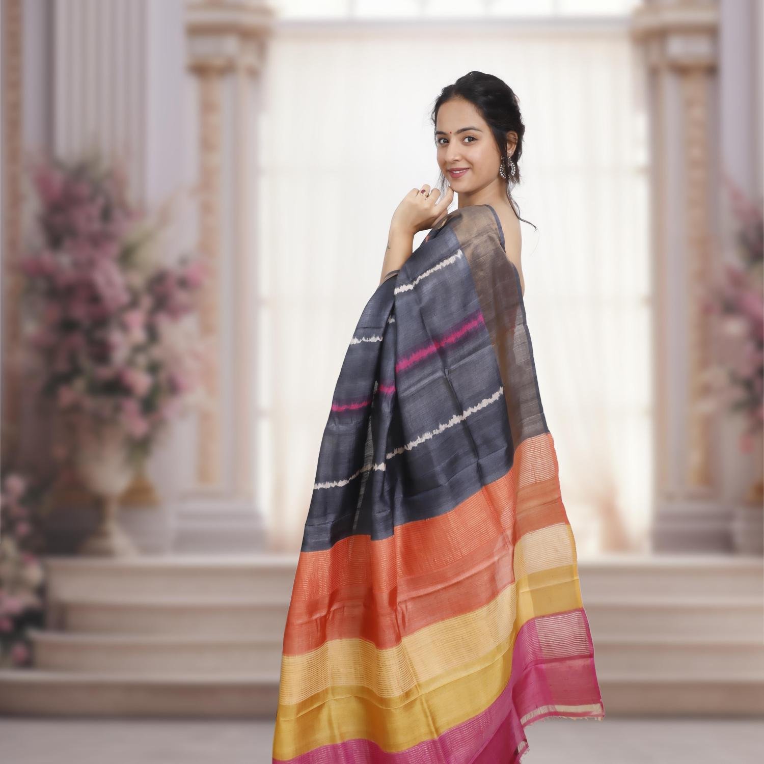 Bishnupuri Gachi Tusser Silk Saree with Shrivori Design– Grey Base