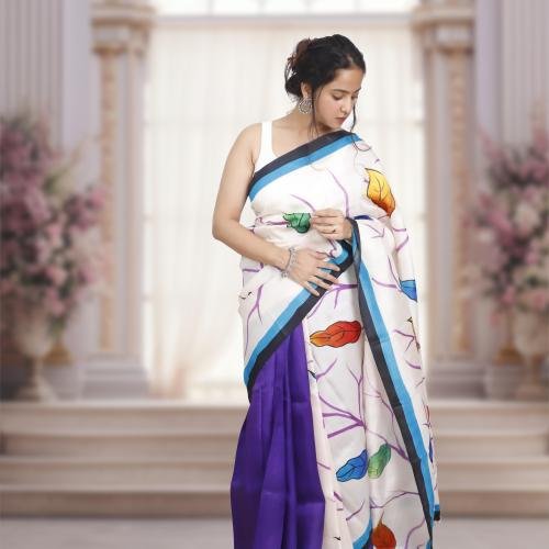 Pure Murshidabad Silk Handloom Saree with Hand-Painted Design – White & Purple Base