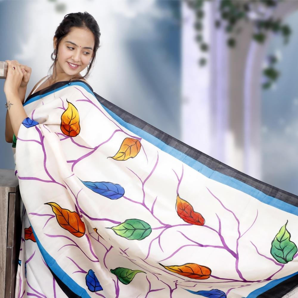 Pure Murshidabad Silk Handloom Saree with Hand-Painted Design – White & Purple Base