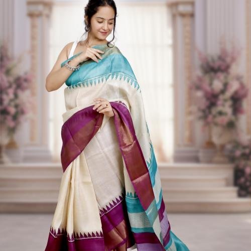 Bishnupuri Gachi Tusser Silk Saree with Hand-Block Design – Off white, Teal & Purple