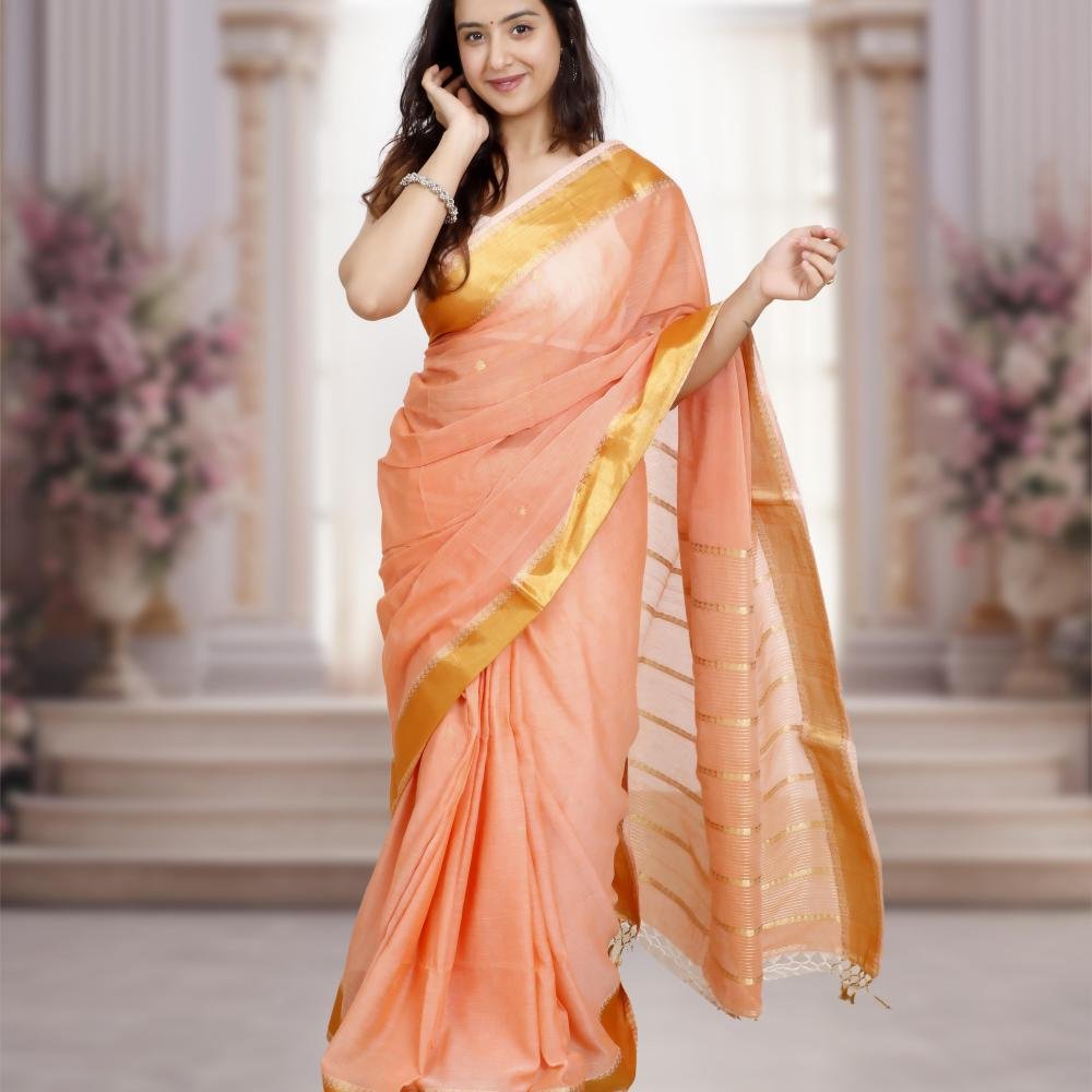 Handwoven Cotton Saree with Gold Zari Border – Peach