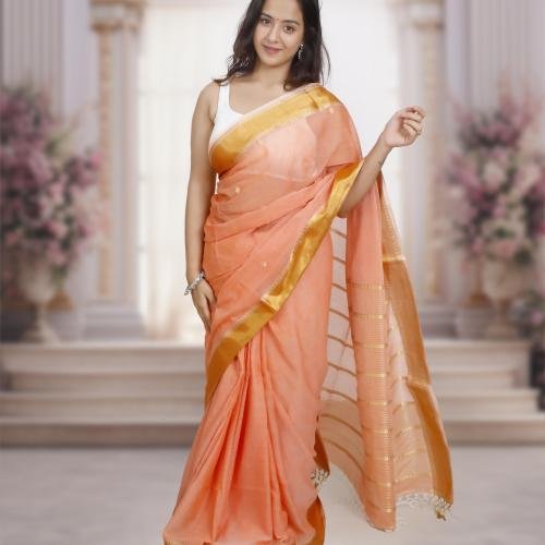 Handwoven Cotton Saree with Gold Zari Border – Peach