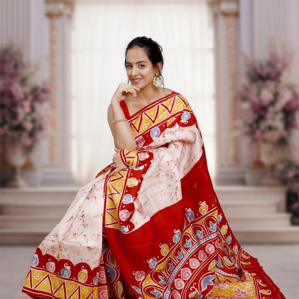 Murshidabad Pure Silk Saree with Hand-Painted Wax Batik – Off white & Red Base