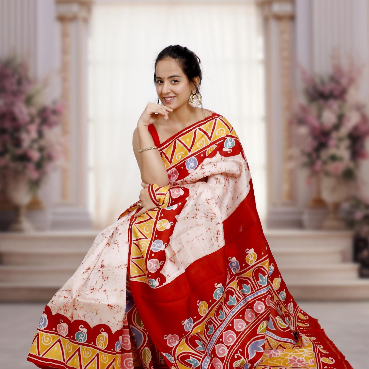 Murshidabad Pure Silk Saree with Hand-Painted Wax Batik – Off white & Red Base