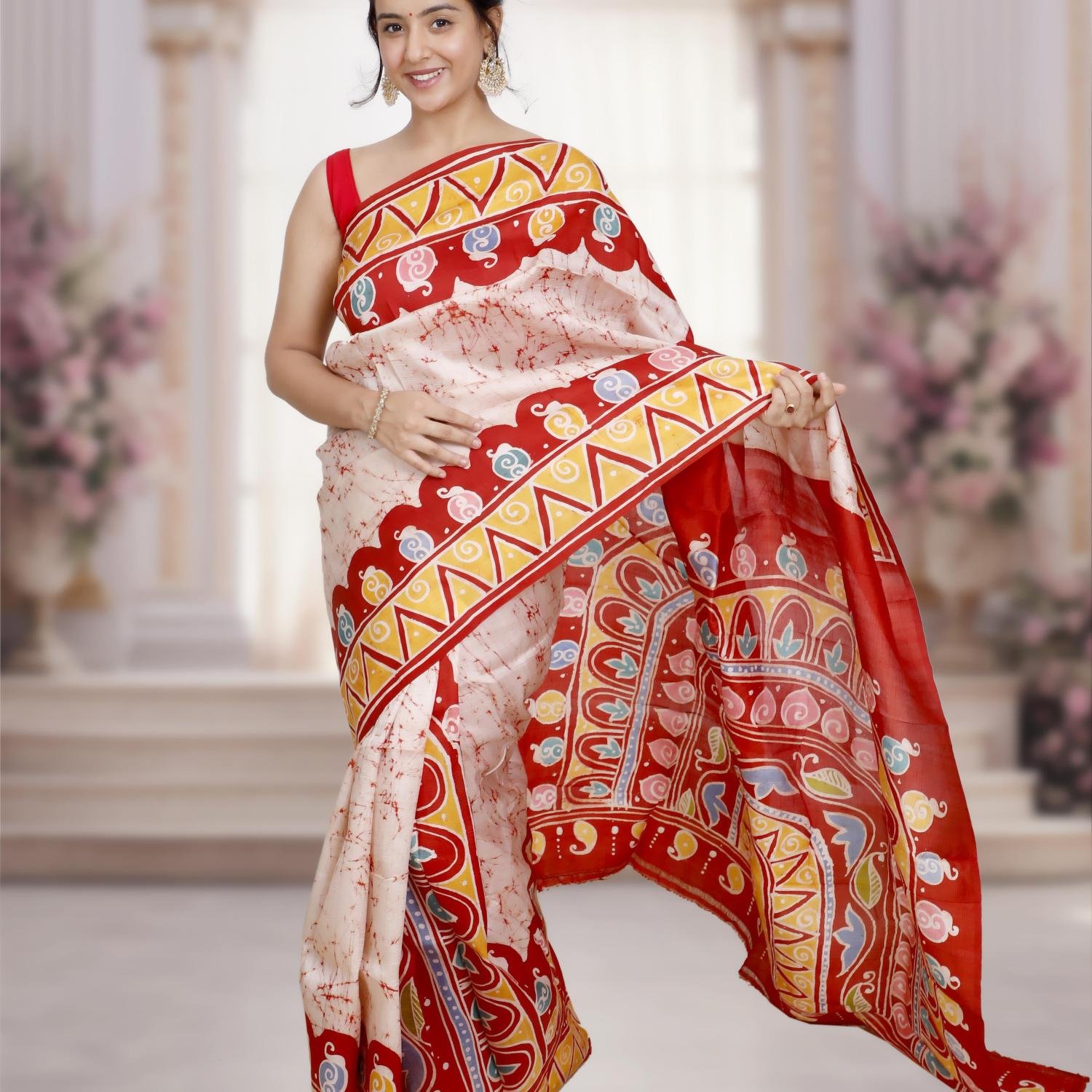 Murshidabad Pure Silk Saree with Hand-Painted Wax Batik – Off white & Red Base