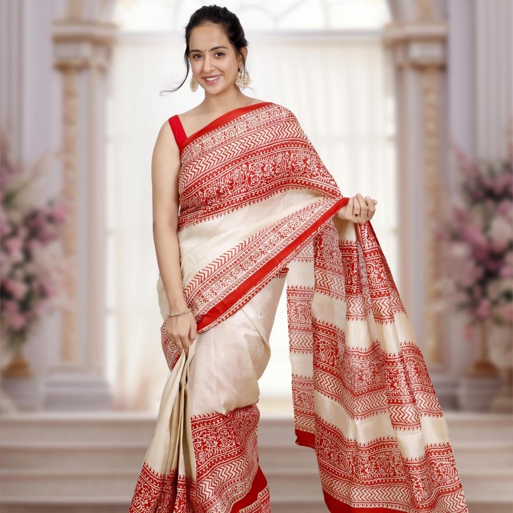 Pure Murshidabad Silk Saree with Hand-Block Design– Off white & Red