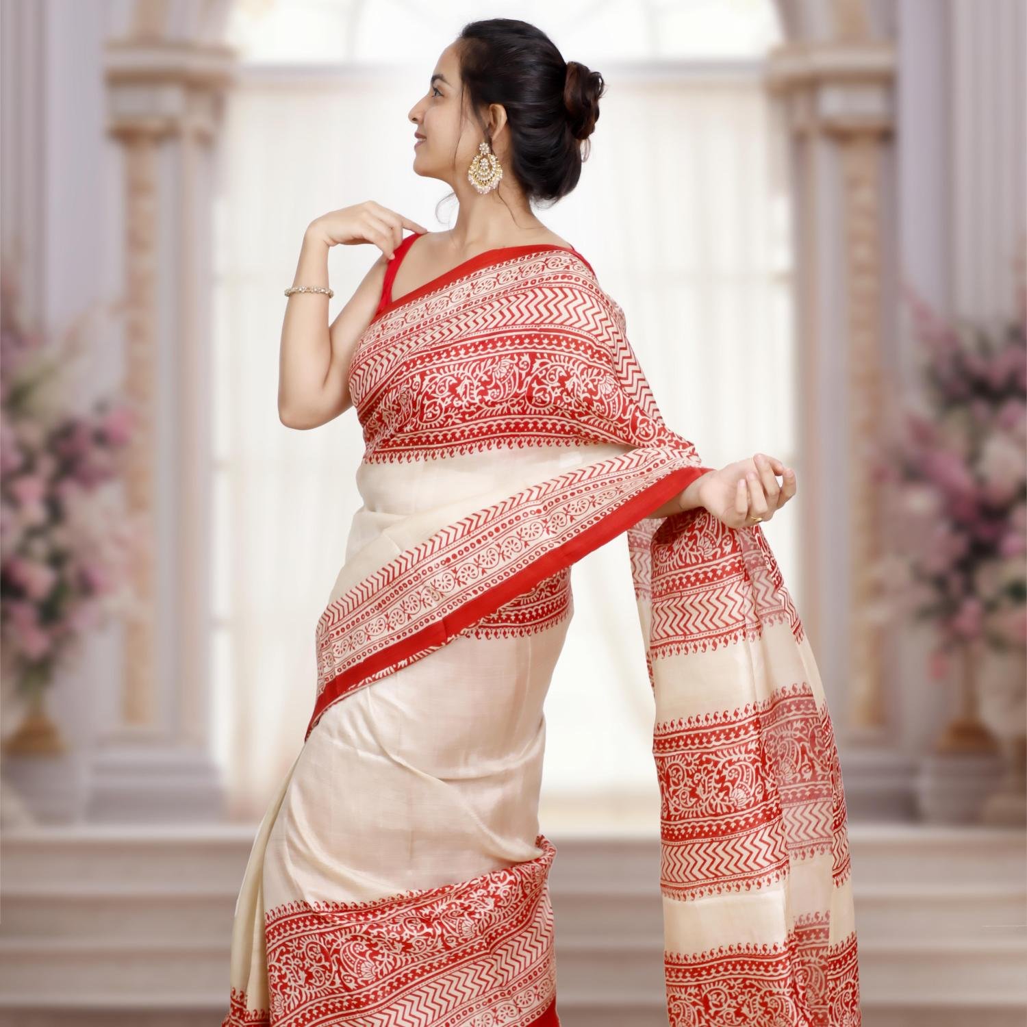 Pure Murshidabad Silk Saree with Hand-Block Design– Off white & Red