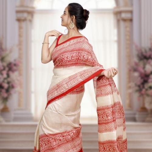 Pure Murshidabad Silk Saree with Hand-Block Design– Off white & Red