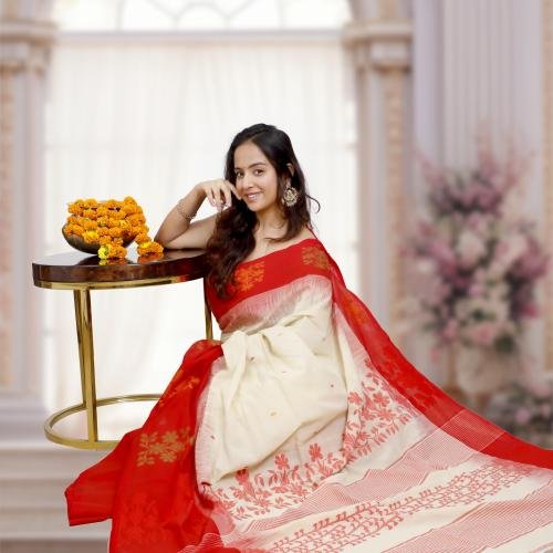 Bengal Handwoven Cotton Ikkat Saree – Off White & Red