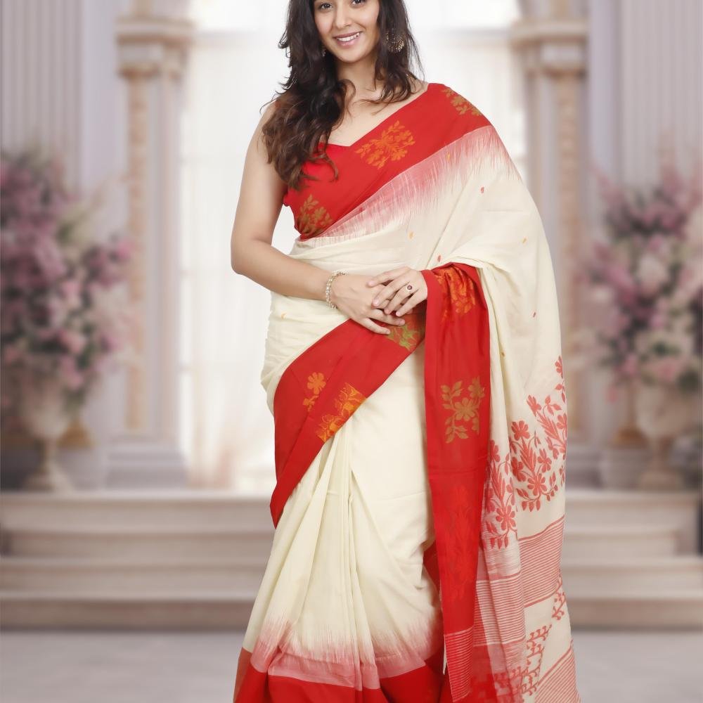Bengal Handwoven Cotton Ikkat Saree – Off White & Red