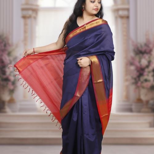 Kanchi Silk Cotton Saree – Dark Blue Body with Red Pallu & Golden Zari Border