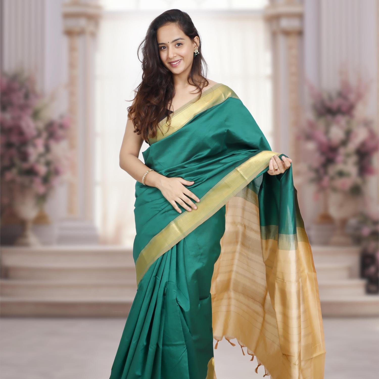 Kanchi Silk Cotton Saree – Dark Green with Beige Pallu & Golden Zari Border