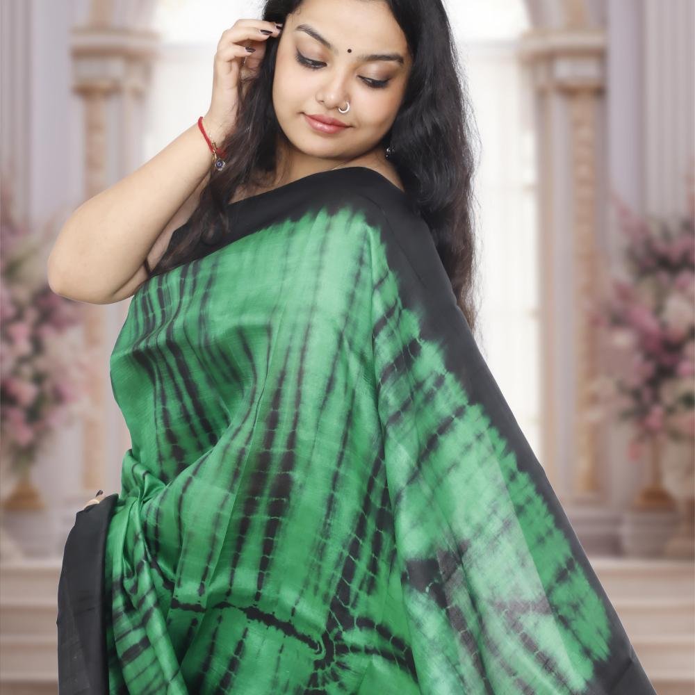 Handwoven Murshidabad Pure Silk Saree with Shrivori Design – Green & Black