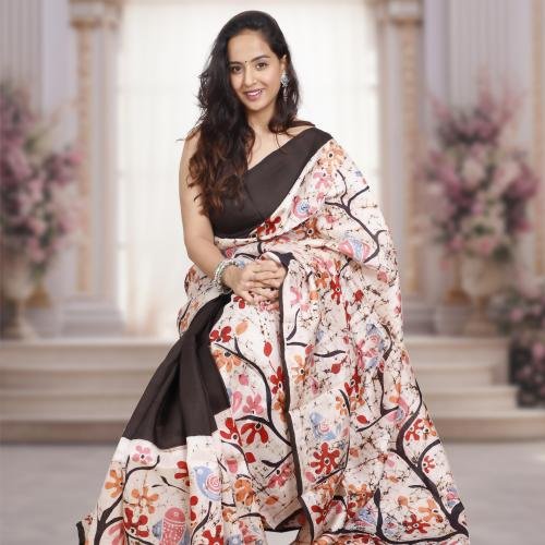 Murshidabad Pure Silk Saree with Hand-Painted Wax Batik – Off white & Black Base