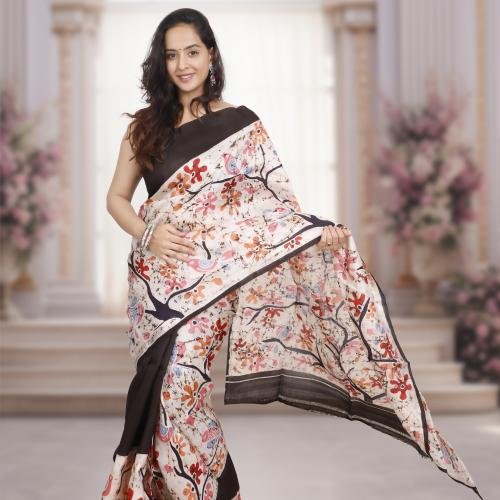 Murshidabad Pure Silk Saree with Hand-Painted Wax Batik – Off white & Black Base