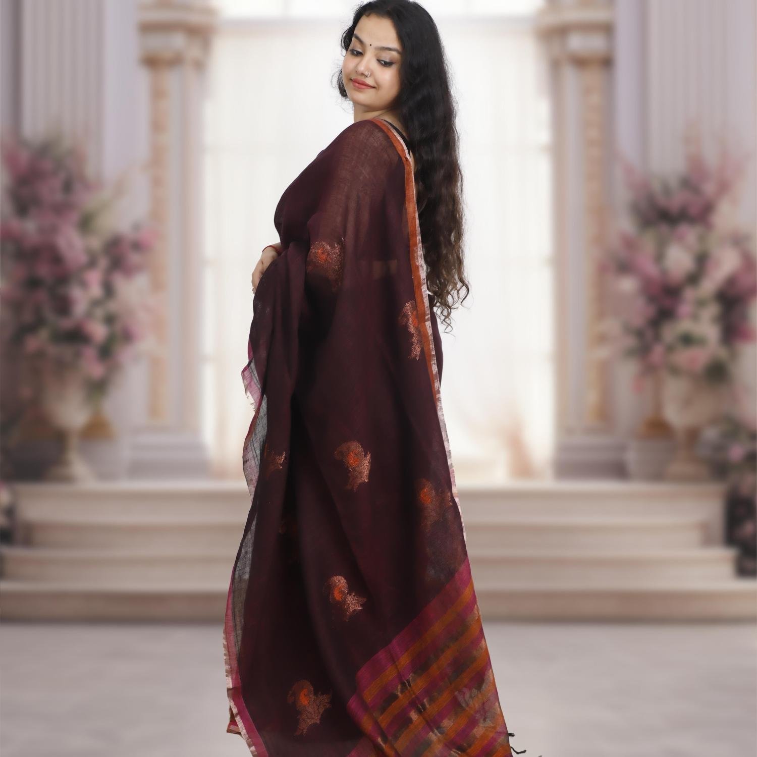 Pure Bengal Handwoven Linen Saree – Brown with Pink & Orange Stripes