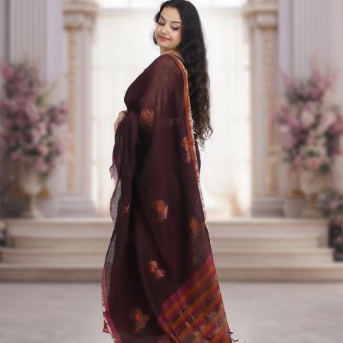 Pure Bengal Handwoven Linen Saree – Brown with Pink & Orange Stripes