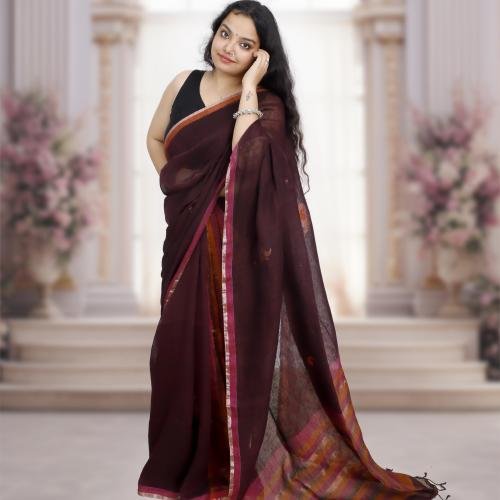 Pure Bengal Handwoven Linen Saree – Brown with Pink & Orange Stripes