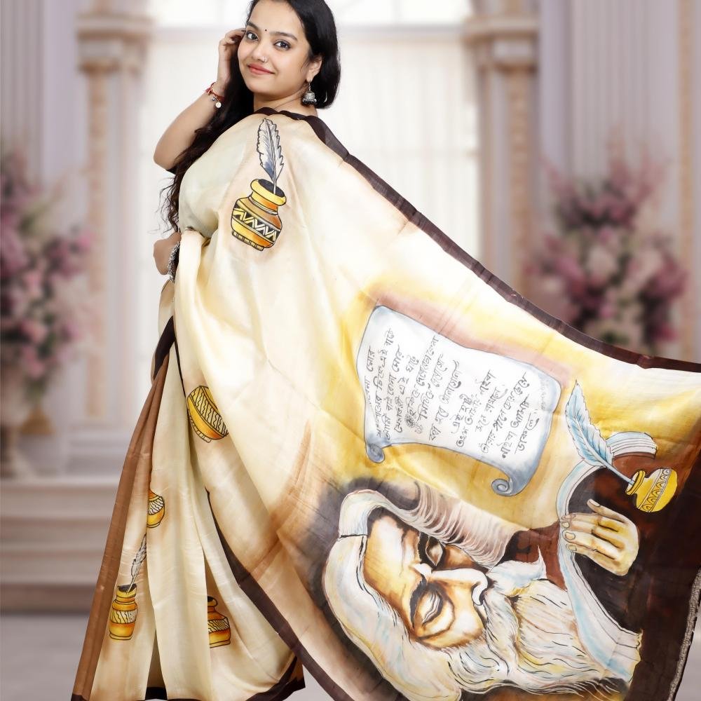 Pure Murshidabad Silk Handloom Saree with Hand-Painted Design – Off-white Base