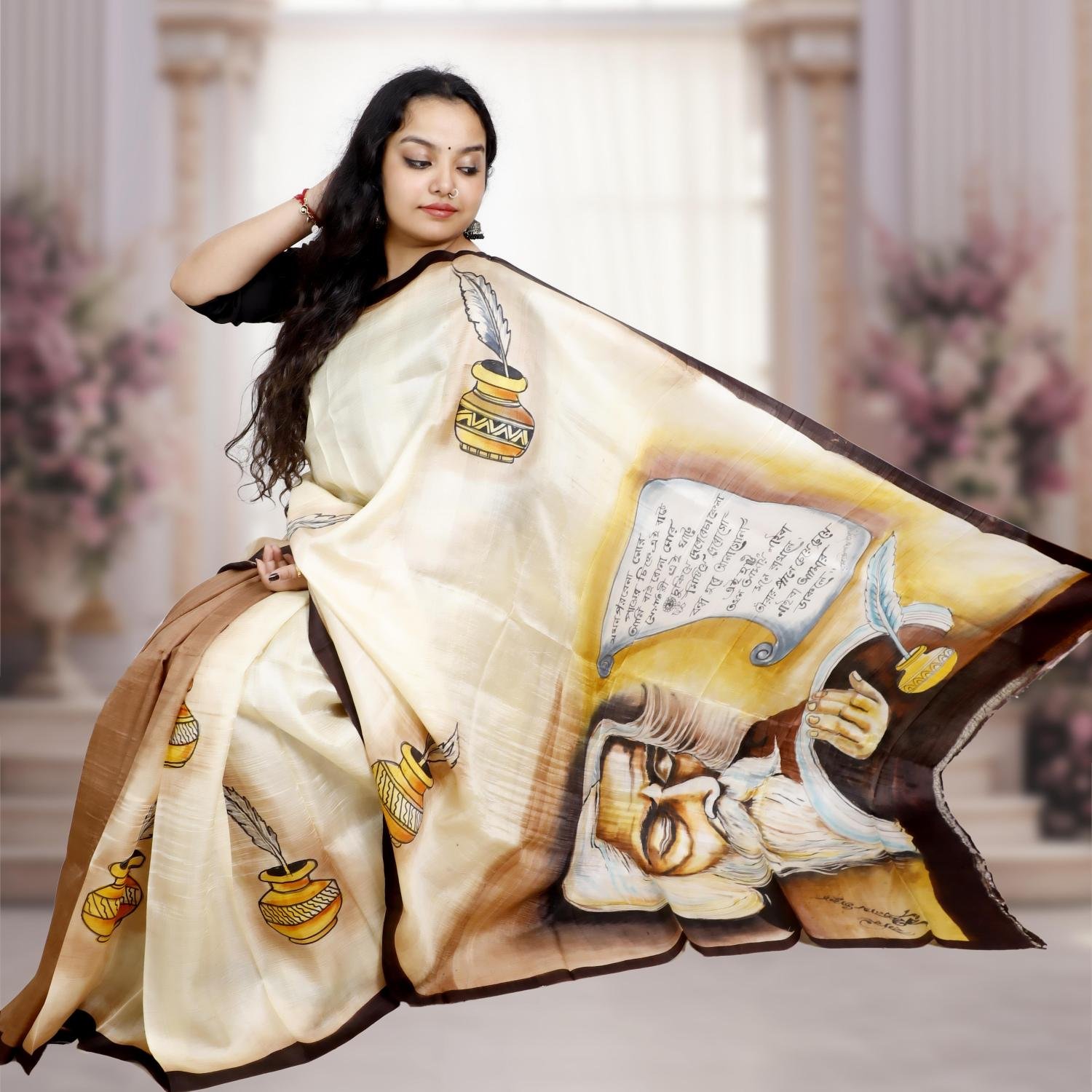 Pure Murshidabad Silk Handloom Saree with Hand-Painted Design – Off-white Base