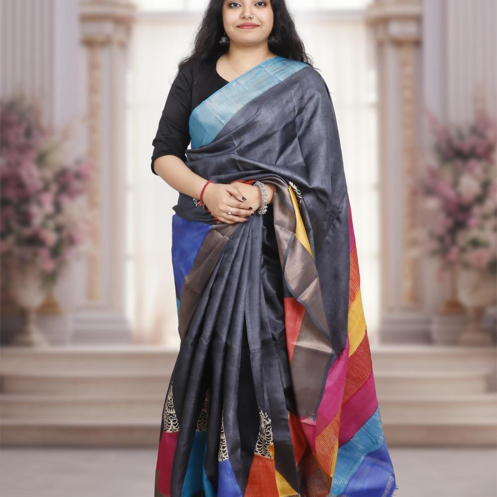Bishnupuri Gachi Tusser Silk Saree with Hand-Block Design–Multicolour Pallu