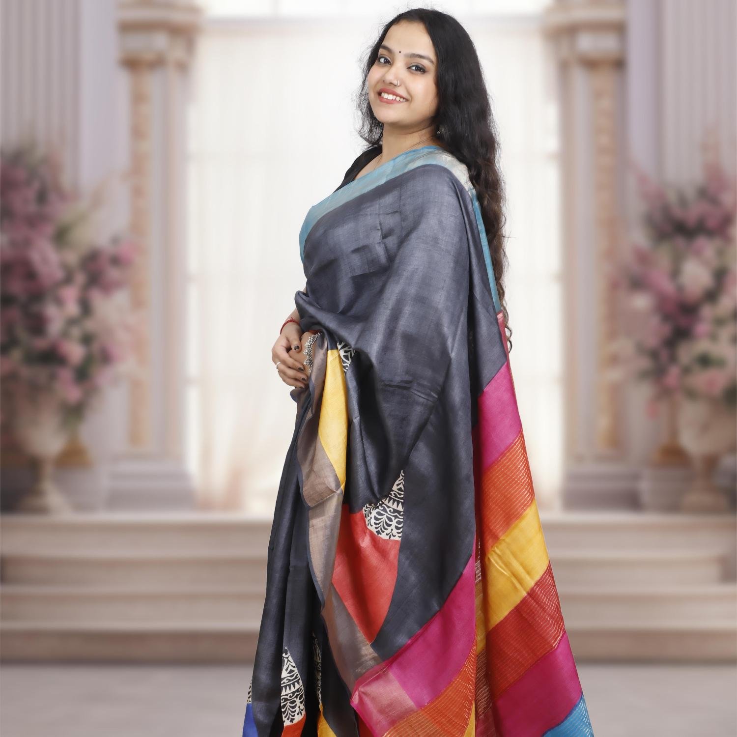 Bishnupuri Gachi Tusser Silk Saree with Hand-Block Design–Multicolour Pallu
