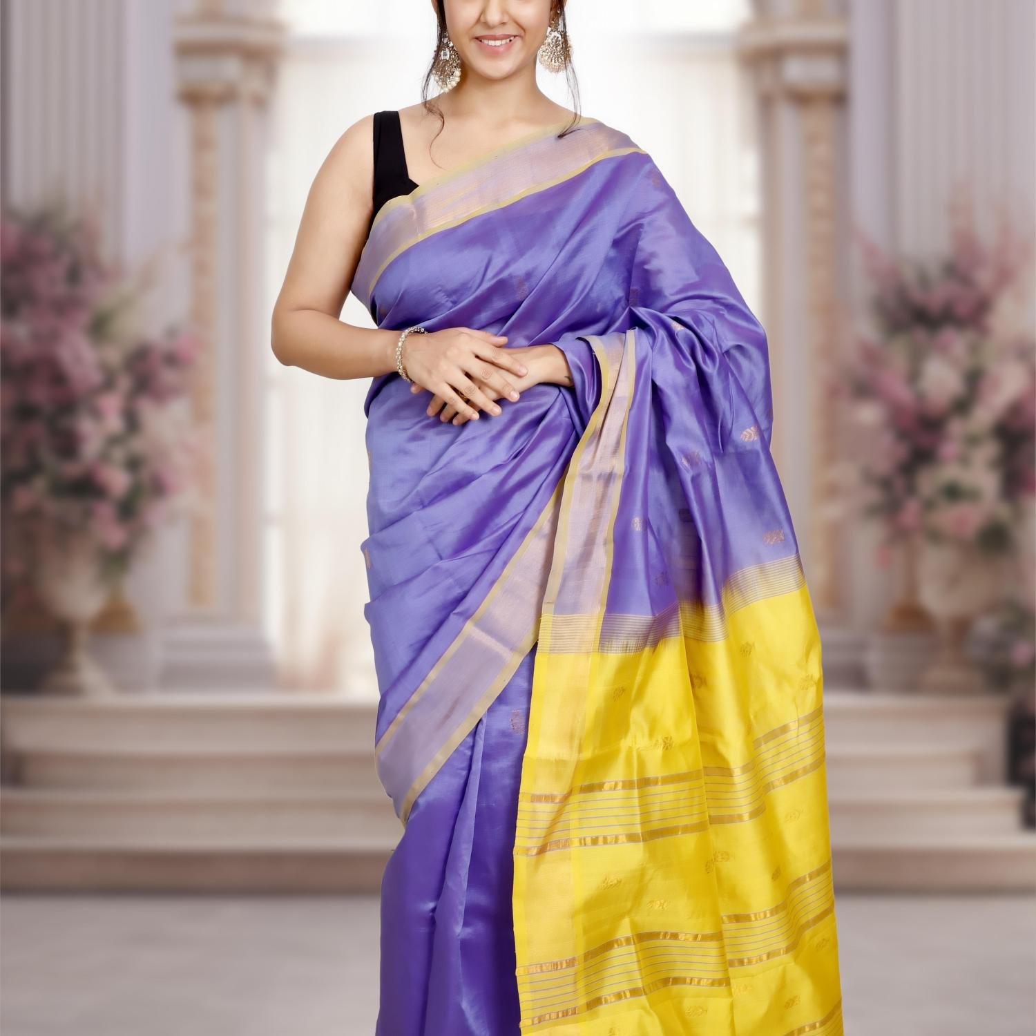 Kanchi Silk Cotton Saree – Lilac with Yellow Pallu & Golden Zari Border