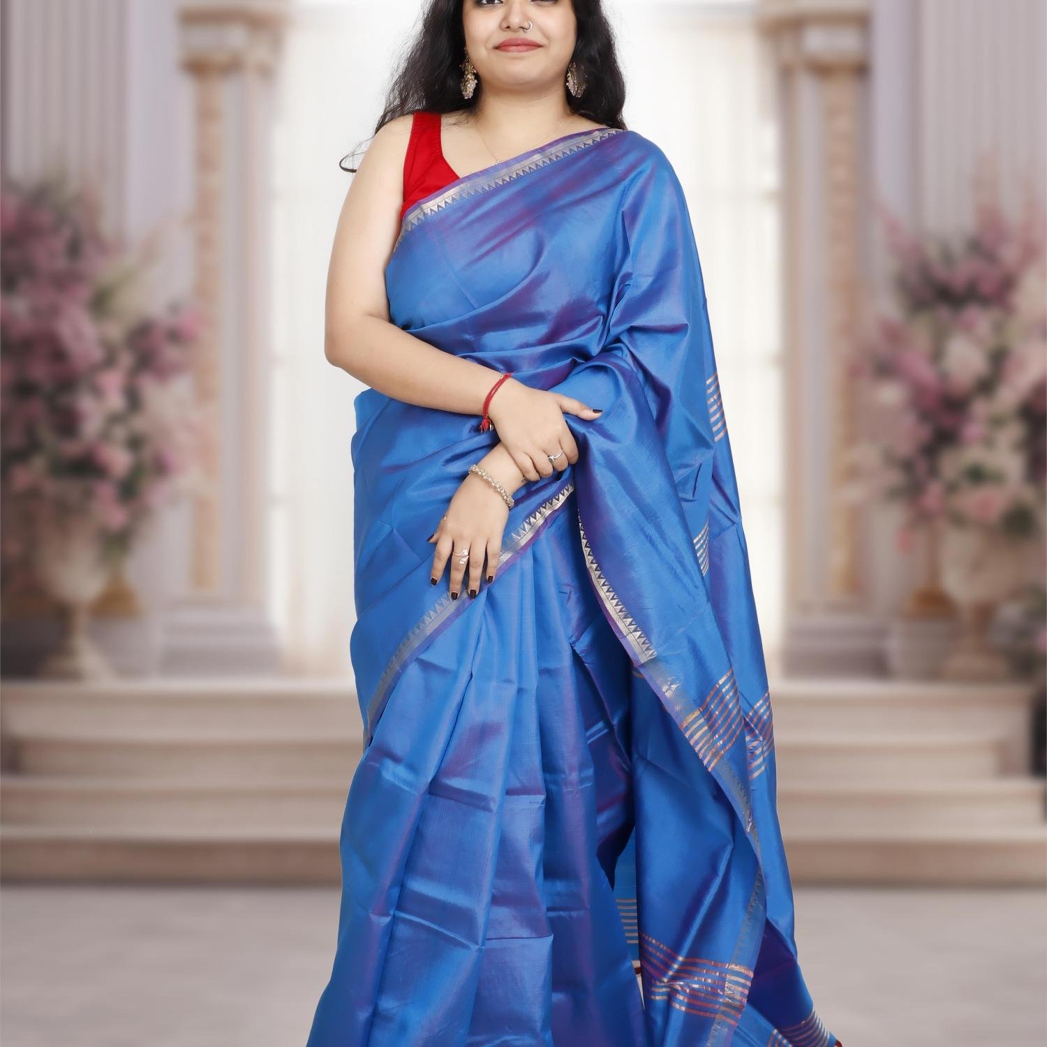 Soft Woven Bishnupuri Katan Silk Saree –Blue with 1-inch Border