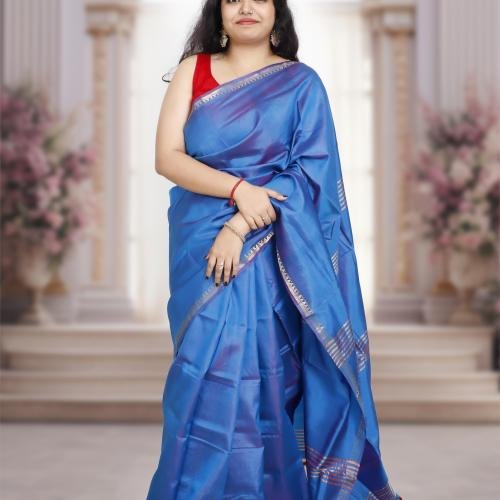 Soft Woven Bishnupuri Katan Silk Saree –Blue with 1-inch Border