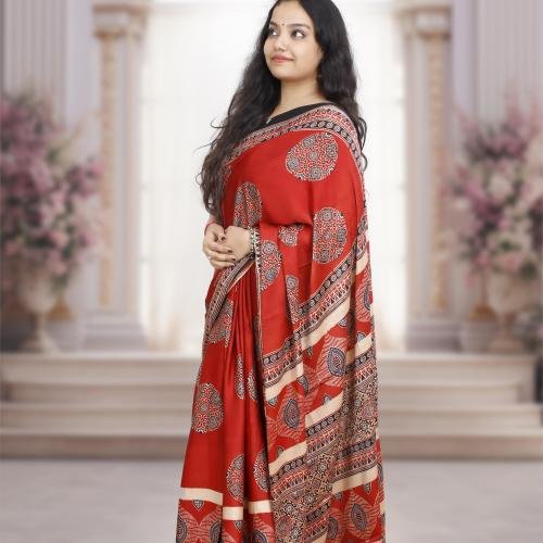 Ajrakh Modal Silk Saree (Red) with Hand Made Tassels