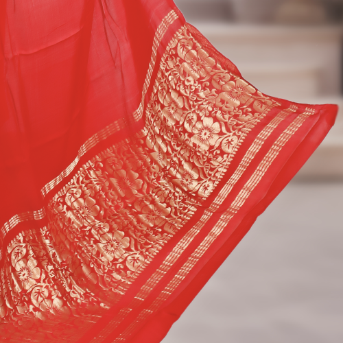 Plain Modal Silk Saree (Red) With Nakshi Pallu And Ajrakh Blouse