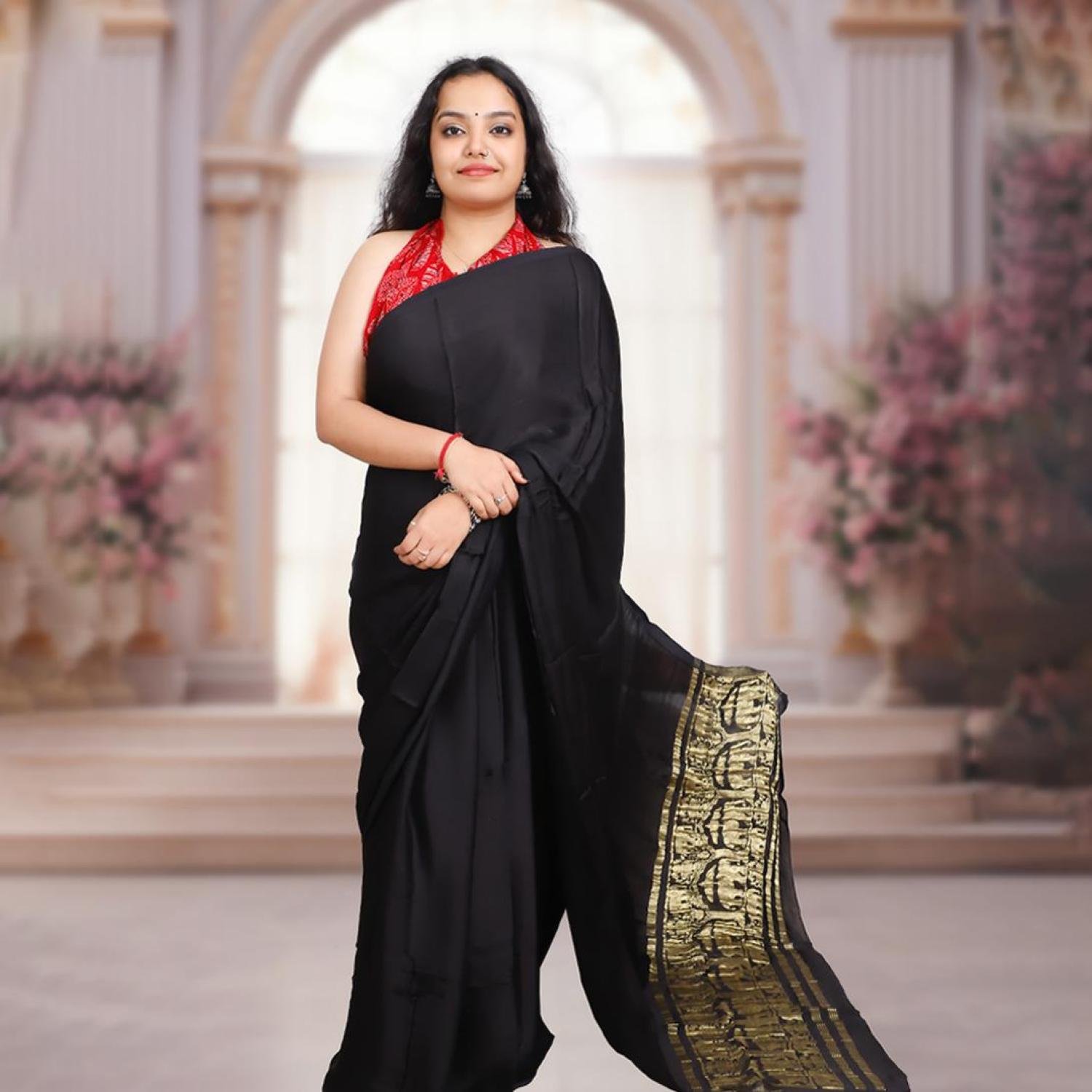 Plain Modal Silk Saree (Black) With Nakshi Pallu And Ajrakh Blouse