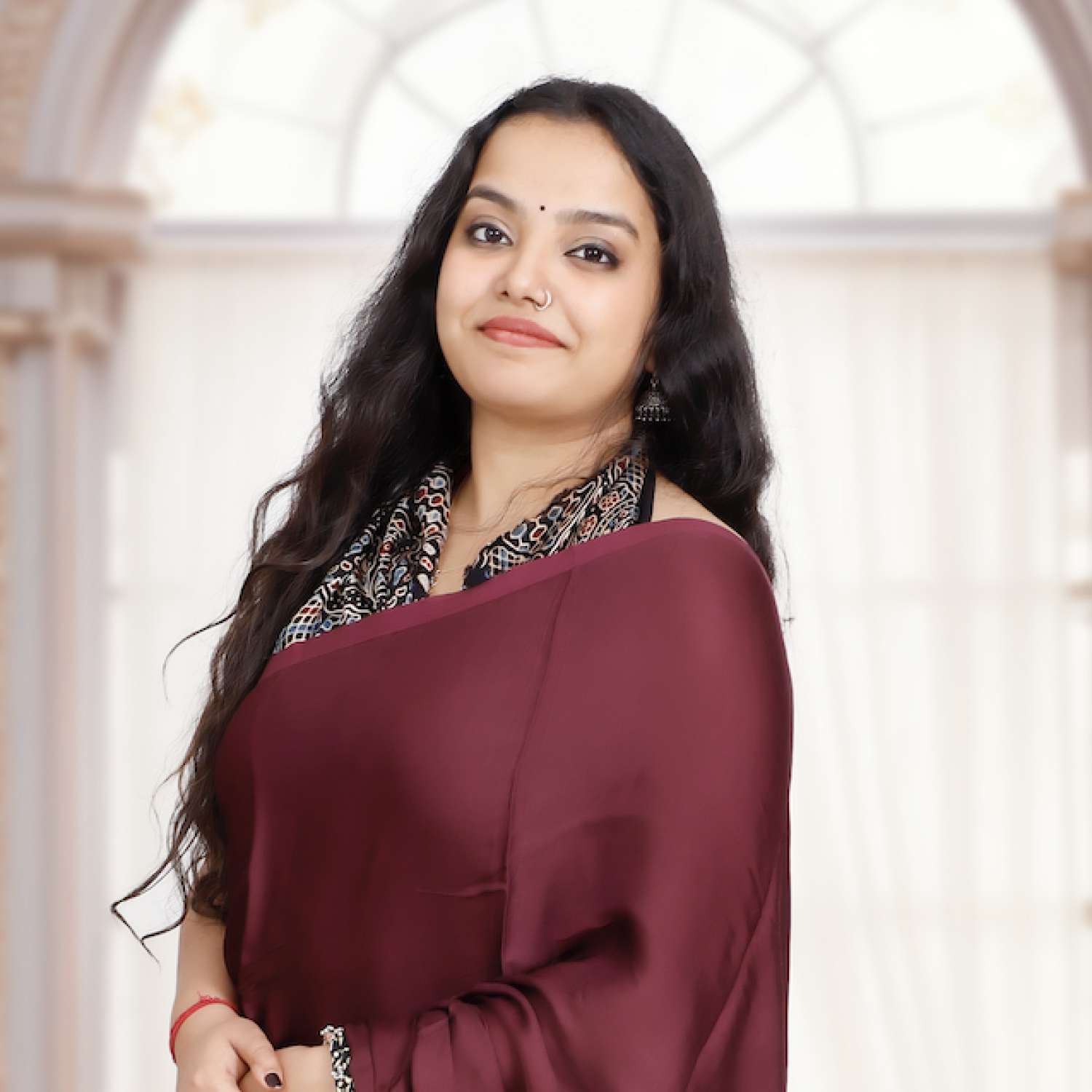 Plain Modal Silk Saree (Brown) With Nakshi Pallu And Ajrakh Blouse