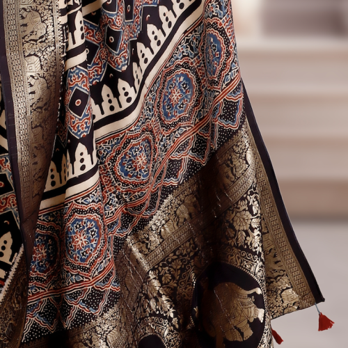 AJRAKH DOLA SILK SAREE (BLUE-BLACK) WITH NAKSHI ZARI PALLU