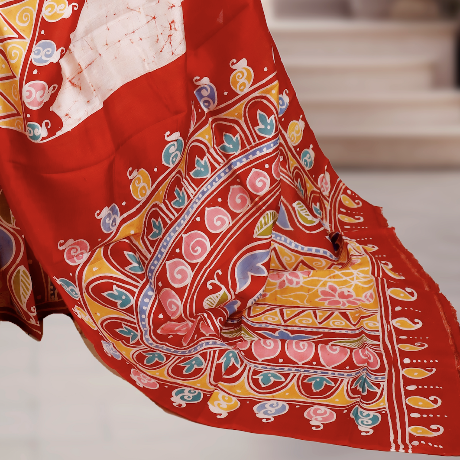 Murshidabad Pure Silk Saree with Hand-Painted Wax Batik – Off white & Red Base