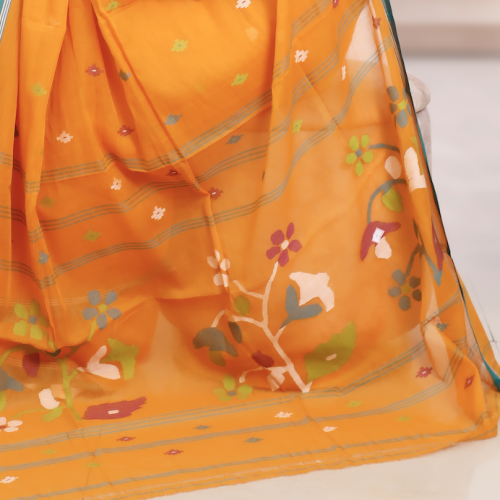 Handwoven Bengal Cotton Phulia Jamdani Saree – Orange