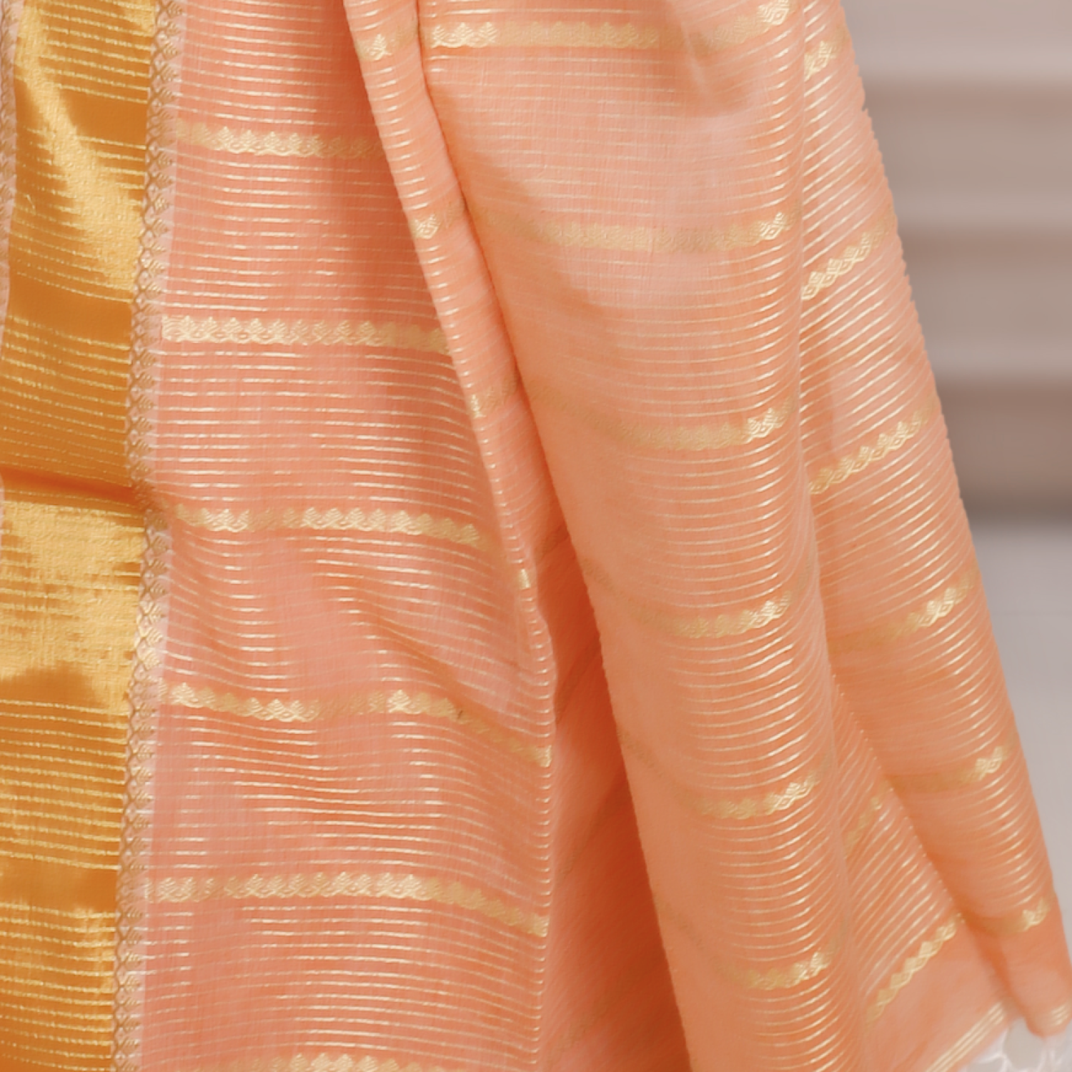 Handwoven Cotton Saree with Gold Zari Border – Peach
