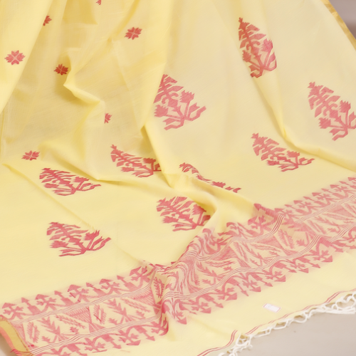 Handwoven Pure Bengal Cotton Saree with Jacquard Pallu – Lemon Yellow