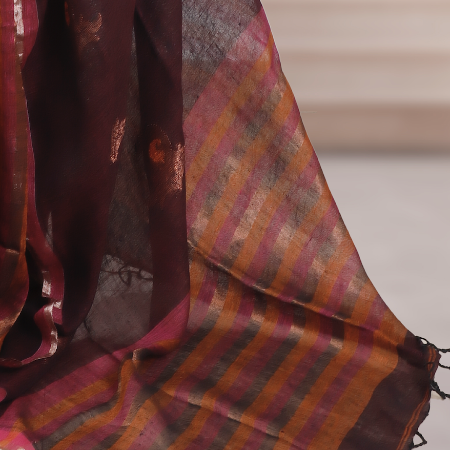 Pure Bengal Handwoven Linen Saree – Brown with Pink & Orange Stripes