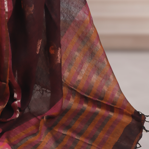 Pure Bengal Handwoven Linen Saree – Brown with Pink & Orange Stripes